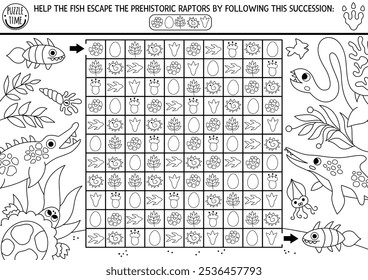 Marine dinosaur black and white maze with eggs, leaves. Prehistoric printable activity, coloring page.  for kids. Logical line searching puzzle with succession of elements. Help fish escape raptors
