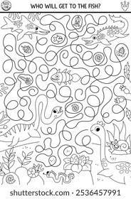 Marine dinosaur black and white maze for kids with ancient world landscape. Prehistoric line printable activity with plesiosaur, mosasaur, fish. Dino land labyrinth game, puzzle, coloring page
