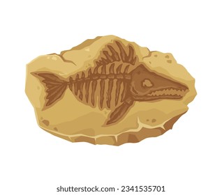 Marine dinosaur fossil, ancient fish skeleton stone imprint, vector Jurassic sea animal, paleontology. Cartoon brown rock with trace of prehistoric fish skeleton, bones, head, fins and tail silhouette