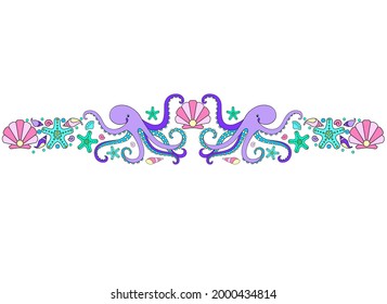Marine divider, border, octopus, starfish, shells, bulbs, pearls - vector full color symmetrical horizontal divider on the ocean theme. Marine nature
