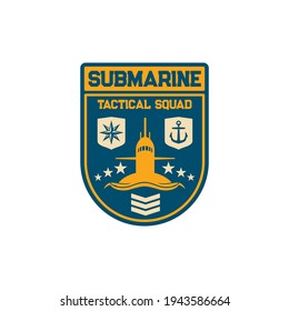 Marine division isolated submarine tactical squid with bacon searchlight tower, windrose and anchor, officer rank isolated military chevron. Vector special squad navy maritime forces patch on uniform