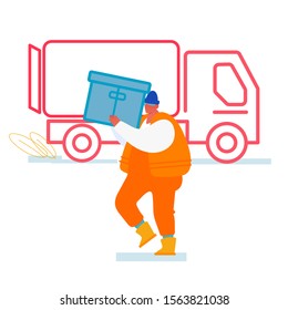 Marine Dock Worker Carry Container to Truck Loading Cargo for Transportation. Maritime Logistic Import Export Worldwide Business Lorry Waiting Freight in Shipping Port Cartoon Flat Vector Illustration