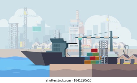Puertos marinos. Embarque de carga de buques de carga barco en el fondo del vector del puerto marítimo