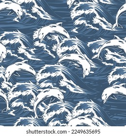 Marine dolphin monochrome pattern seamless with ocean waves in windy weather and large fish jumping over water vector illustration