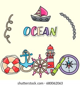 Marine doodle elements, hand drawn style. Ocean vector illustration background with nautical theme objects.