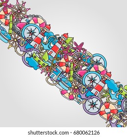 Marine doodle elements, hand drawn style. Ocean vector illustration background with nautical theme objects.