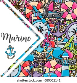 Marine doodle elements, hand drawn style. Ocean vector illustration background with nautical theme objects.