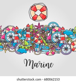 Marine doodle elements, hand drawn style. Ocean vector illustration background with nautical theme objects.