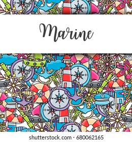 Marine doodle elements, hand drawn style. Ocean vector illustration background with nautical theme objects.