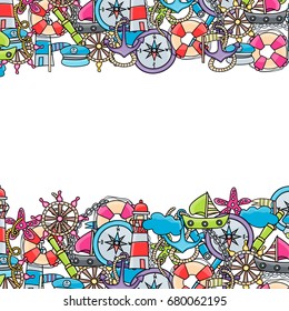 Marine doodle elements, hand drawn style. Ocean vector illustration background with nautical theme objects.