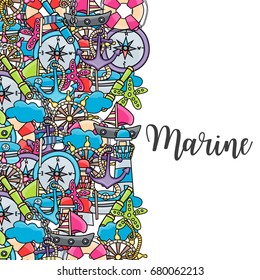 Marine doodle elements, hand drawn style. Ocean vector illustration background with nautical theme objects.