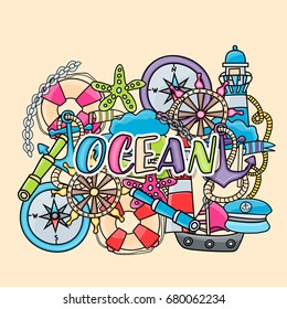 Marine doodle elements, hand drawn style. Ocean vector illustration background with nautical theme objects.