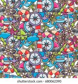 Marine doodle elements, hand drawn style. Ocean vector illustration background with nautical theme objects.