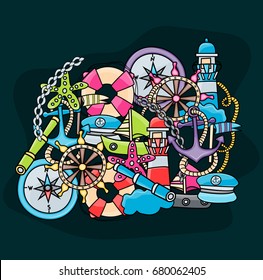 Marine doodle elements, hand drawn style. Ocean vector illustration background with nautical theme objects.