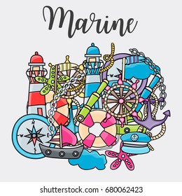 Marine doodle elements, hand drawn style. Ocean vector illustration background with nautical theme objects.