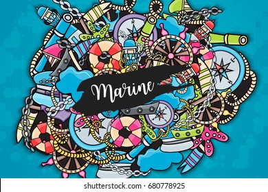 Marine doodle elements, hand drawn style. Ocean vector illustration background with nautical theme objects.