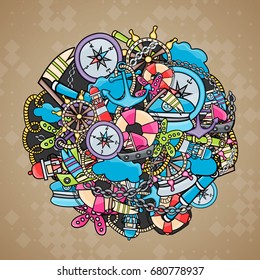 Marine doodle elements, hand drawn style. Ocean vector illustration background with nautical theme objects.