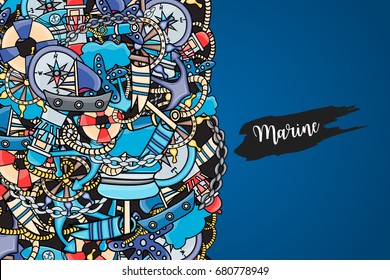 Marine doodle elements, hand drawn style. Ocean vector illustration background with nautical theme objects.