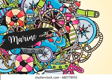 Marine doodle elements, hand drawn style. Ocean vector illustration background with nautical theme objects.