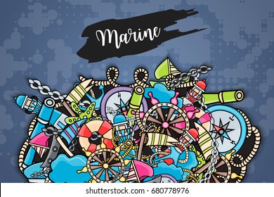 Marine doodle elements, hand drawn style. Ocean vector illustration background with nautical theme objects