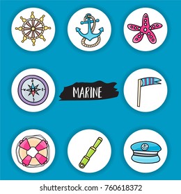 Marine doodle elements, hand drawn style. Ocean vector illustration with nautical theme objects.