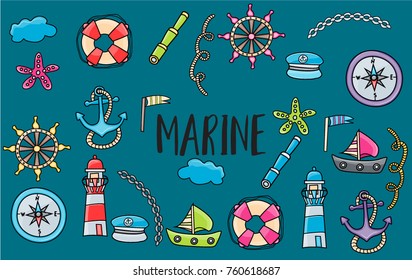 Marine doodle elements, hand drawn style. Ocean vector illustration with nautical theme objects.