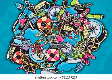 Marine doodle elements, hand drawn style. Ocean vector illustration background with nautical theme objects.