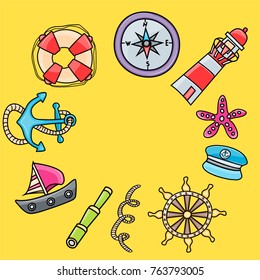 Marine doodle elements, hand drawn style. Ocean vector illustration background with nautical theme objects