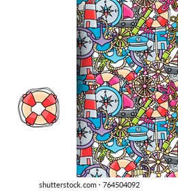 Marine doodle elements, hand drawn style. Ocean vector illustration background with nautical theme objects.