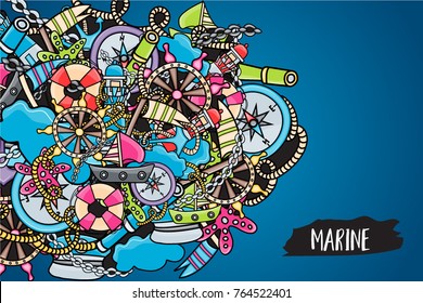 Marine doodle elements, hand drawn style. Ocean vector illustration background with nautical theme objects.