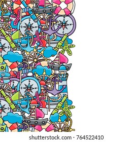 Marine doodle elements, hand drawn style. Ocean vector illustration background with nautical theme objects.