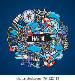 Marine doodle elements, hand drawn style. Ocean vector illustration background with nautical theme objects.
