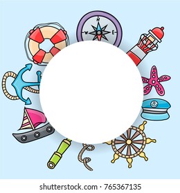 Marine doodle elements, hand drawn style. Ocean vector illustration background with nautical theme objects.