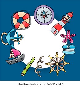 Marine doodle elements, hand drawn style. Ocean vector illustration background with nautical theme objects.