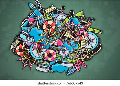 Marine doodle elements, hand drawn style. Ocean vector illustration background with nautical theme objects.