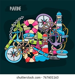 Marine doodle elements, hand drawn style. Ocean vector illustration background with nautical theme objects.