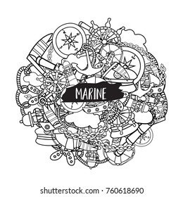 Marine doodle outline line art elements, hand drawn style. Ocean vector illustration coloring page with nautical theme objects.