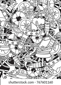Marine doodle outline line art elements, hand drawn style. Ocean vector illustration coloring page with nautical theme objects.