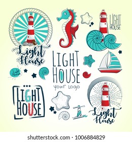 Marine doodles vector set , light house, sea horse, shells, vintage , vector icons
