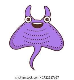 Marine dweller smiling character, devil fish with smile on face. Isolated manta raya character for aquarium, wild animals aquatic personage. Sealife exotic species, fauna or sea or ocean vector