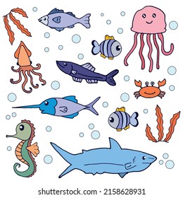 Marine Elegance: Elevate your designs with marine elegance using this sea animal icon set. The graceful illustrations of seaweed, jellyfish, fish, and sharks offer a perfect blend of charm and funny