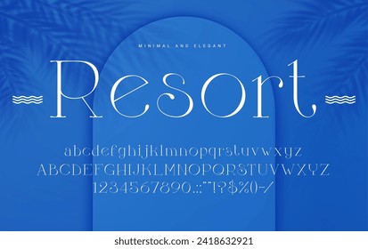 Fuente marina elegante, tipo de glamour y tipo de letra de lujo, alfabeto inglés vectorial real. Resort y hotel marítimos, playa oceánica y fuente marina de vacaciones de verano con elegantes letras clásicas en línea mínima