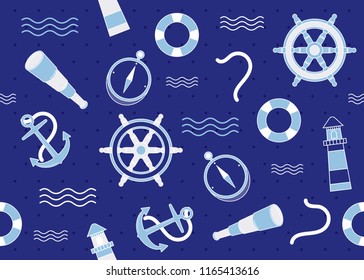 Marine elements and decoration pattern seamless background. Anchor, lighthouse, compass,rope,waves,wheel,life ring,binocular. Vector illustration