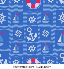Marine elements design on blue waves. Seamless pattern. Design for textiles, packaging, marine equipment for packaging materials.