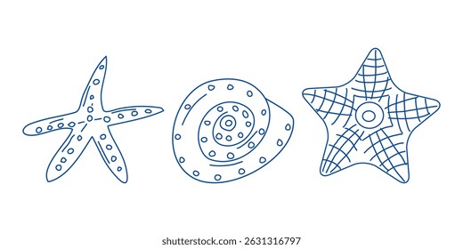 Marine elements doodle style set in blue la dolce vita. Italian style. Undersea world. Menu design of postcard and poster. Vector illustration.