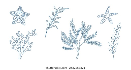 Marine elements doodle style set in blue la dolce vita. Italian style. Undersea world. Menu design of postcard and poster. Vector illustration.
