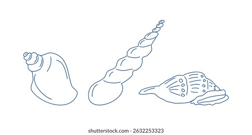 Marine elements doodle style set in blue la dolce vita. Italian style. Undersea world. Menu design of postcard and poster. Vector illustration.