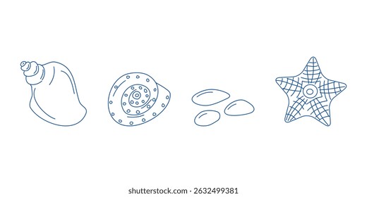Marine elements doodle style set in blue la dolce vita. Italian style. Undersea world. Menu design of postcard and poster. Vector illustration.