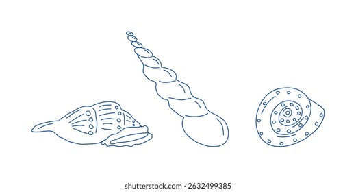 Marine elements doodle style set in blue la dolce vita. Italian style. Undersea world. Menu design of postcard and poster. Vector illustration.