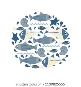 marine elements in the form of a circle. Fish, seashells, starfish. Perfect for invitations, greeting cards, posters, prints, banners, flyers etc